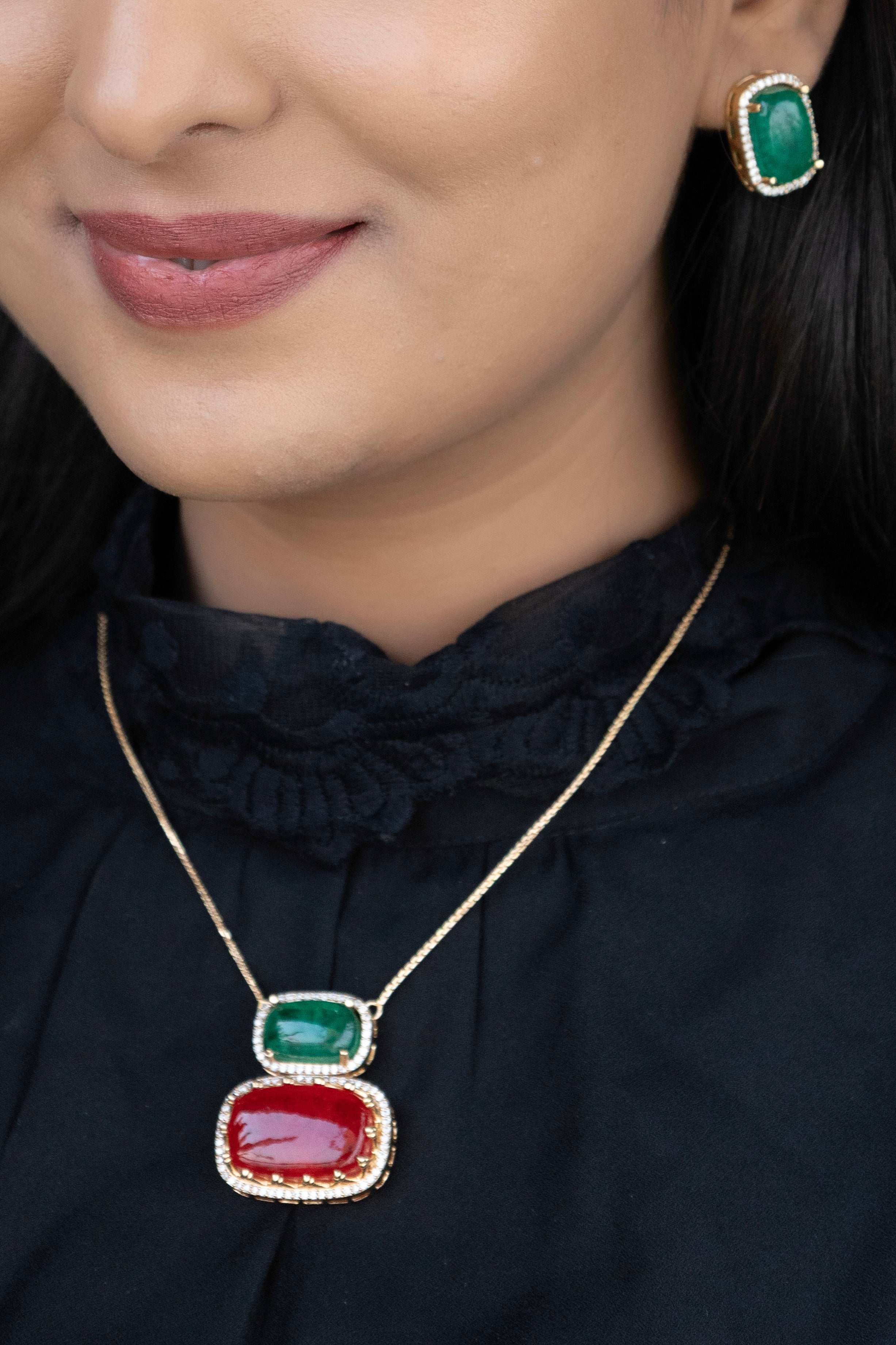 Ruby Glint – Dual-Stone Pendant Set